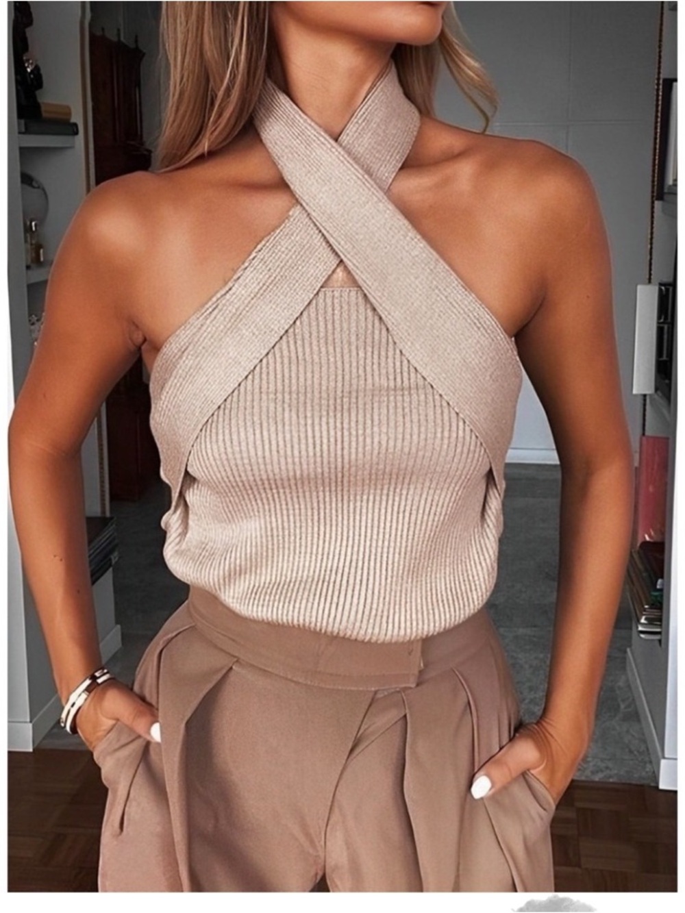 Commense Cross-Halter Ribbed Tank in Beige